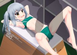 Rule 34 | 1girl, 1other, arms behind head, artist name, barefoot, bikini, breasts, brown eyes, character name, green bikini, grey hair, inaba shiki, kantai collection, kasumi (kancolle), long hair, lying, open mouth, side ponytail, silhouette, small breasts, sports bikini, spread legs, swimsuit, vaulting horse