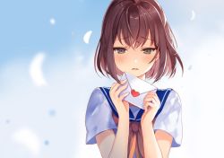 Rule 34 | 1girl, blue sailor collar, blue sky, blurry, blurry background, blush, brown eyes, brown hair, cloud, commentary request, depth of field, hands up, heart, holding, holding letter, letter, love letter, neckerchief, orange neckerchief, original, outdoors, parted lips, petals, sailor collar, school uniform, serafuku, shirt, short sleeves, sibyl, sky, solo, white shirt