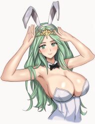 Rule 34 | 1girl, absurdres, alternate costume, animal ears, armpits, arms up, bare arms, bare shoulders, breasts, cleavage, commentary request, fake animal ears, fire emblem, fire emblem: three houses, green eyes, green hair, grey background, hairband, highres, large breasts, leotard, long hair, looking at viewer, mali-sa, nintendo, playboy bunny, rabbit ears, rhea (fire emblem), simple background, smile, solo, strapless, strapless leotard, upper body, very long hair, white hairband, white leotard