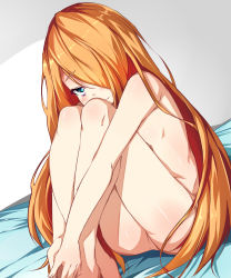 Rule 34 | 1girl, bags under eyes, barefoot, dutch angle, full body, hair over one eye, highres, hugging own legs, long hair, looking at viewer, no pussy, nude, orange hair, pandora (p&amp;d), puzzle &amp; dragons, sitting, solo, very long hair, zuo wei er