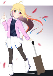 Rule 34 | 1girl, black pantyhose, black shirt, blonde hair, blush, boots, breasts, closed mouth, collared shirt, commentary request, floating hair, full body, gradient hair, hair between eyes, hand up, head tilt, holding, jacket, kogyokuapple, long hair, long sleeves, multicolored hair, open clothes, open jacket, orange hair, original, pantyhose, pink jacket, pleated skirt, red eyes, rolling suitcase, shadow, shirt, skirt, sleeves past wrists, small breasts, smile, solo, standing, suitcase, very long hair, white footwear, white skirt