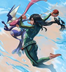 Rule 34 | 1girl, 1other, absurdres, artistntraining, ass, asui tsuyu, barefoot, belt, bodysuit, boku no hero academia, bow-shaped hair, creatures (company), crossover, frog girl, from side, game freak, gen 6 pokemon, green bodysuit, green eyes, greninja, hair rings, highres, long hair, long tongue, low-tied long hair, nintendo, poke ball, pokemon, pokemon (creature), tongue, trait connection, very long tongue, water