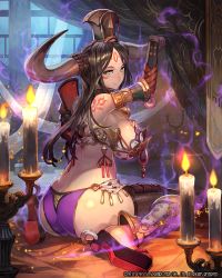 Rule 34 | 1girl, bodypaint, breasts, brown hair, butt crack, candle, candlestand, fire, hat, highres, horns, jewelry, lack, large breasts, long hair, looking at viewer, looking back, lost crusade, panties, sideboob, sitting, smile, solo, underwear