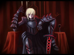 Rule 34 | 1girl, armor, armored dress, artoria pendragon (fate), bad id, bad pixiv id, blonde hair, cup, d.sum, dress, drinking glass, dzhang13, excalibur morgan (fate), fate/stay night, fate (series), gauntlets, planted sword, planted, saber (fate), saber alter, signature, sitting, solo, sword, weapon, wine glass, yellow eyes