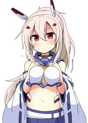 Rule 34 | 1girl, ayanami (azur lane), azur lane, bare shoulders, belt, belt buckle, between breasts, black belt, black choker, blonde hair, blue sailor collar, blue skirt, blush, breast suppress, breasts, buckle, choker, closed mouth, crop top, detached sleeves, eyebrows, eyes visible through hair, facing viewer, frown, headgear, heart, high ponytail, highres, long hair, long sleeves, looking at viewer, motion lines, navel, neckerchief, orange eyes, pleated skirt, ponytail, remodel (azur lane), ribbon-trimmed clothes, ribbon-trimmed sleeves, ribbon trim, sailor collar, school uniform, serafuku, shirt, simple background, skirt, small breasts, solo, stomach, text focus, translation request, twitter username, white background, white belt, white shirt, wide sleeves, yellow neckerchief, yuuhi alpha