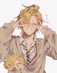 Rule 34 | 1boy, ahoge, blonde hair, brown cardigan, cardigan, chibi, closed eyes, collared shirt, double v, green hair, green necktie, highres, hypnosis mic, izanami hifumi, long sleeves, male focus, multicolored hair, multicolored necktie, necktie, shirt, short hair, solo, striped necktie, sui maruo, v, white necktie, white shirt, yellow eyes
