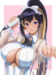 Rule 34 | 1girl, absurdres, black hair, blonde hair, blue eyes, blush, breasts, clothing cutout, collared dress, colored inner hair, dark-skinned female, dark skin, dress, goddess of victory: nikke, grin, hair ribbon, high ponytail, highres, holding, holding microphone, large breasts, looking at viewer, microphone, multicolored hair, nail polish, noise (cherry blossom stage) (nikke), noise (nikke), official alternate costume, parted lips, ribbon, see-through, see-through sleeves, sideboob, smile, solo, super bee, underboob, white dress, white nails, white ribbon