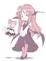 Rule 34 | 2girls, :d, apron, bat wings, bow, chibi, collared shirt, dress, floating, hair bow, head wings, high heels, koakuma, large bow, long hair, long sleeves, looking at viewer, low wings, maid apron, mary janes, monochrome, multiple girls, necktie, no nose, open mouth, pantyhose, pigeon-toed, pink eyes, pink hair, pink legwear, puffy sleeves, satou kibi, shanghai doll, shirt, shoes, simple background, slit pupils, smile, touhou, v arms, very long hair, white background, wing ears, wings, | |