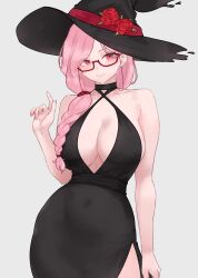 Rule 34 | 1girl, absurdres, black dress, bluefield, braid, breasts, cleavage, covered navel, dress, glasses, hat, highres, hololive, hololive english, large breasts, long hair, looking at viewer, mama mori, mature female, pink eyes, pink hair, smile, virtual youtuber, witch hat