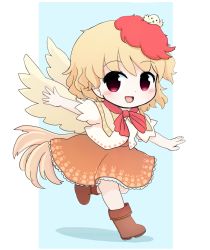 Rule 34 | 1girl, :d, animal, bird, bird wings, blonde hair, blue background, blush, blush stickers, boots, bow, brown footwear, brown skirt, brown wings, chibi, chick, commentary, feathered wings, full body, highres, looking at viewer, niwatari kutaka, open mouth, puffy short sleeves, puffy sleeves, red bow, red eyes, rei (tonbo0430), revision, running, shadow, shirt, short sleeves, skirt, smile, solo, touhou, two-tone background, white background, white shirt, wings