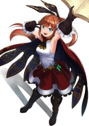 Rule 34 | 10s, 1girl, :d, arm up, bare shoulders, belt, black footwear, black gloves, blue eyes, book, boots, brown hair, cape, clarisse (granblue fantasy), commentary, dot nose, dress, gloves, granblue fantasy, hair ribbon, highres, holding, holding book, long hair, looking at viewer, looking up, open mouth, ponytail, red cape, red skirt, ribbon, shadow, simple background, skirt, smile, solo, v, v over eye, vial, wasabi60, white background, white dress