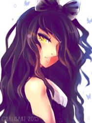 Rule 34 | 1girl, artist name, bare shoulders, black bow, black dress, black hair, blake belladonna, bow, breasts, bug, butterfly, dated, diamond (shape), dress, female focus, from side, hair bow, hair over one eye, half-closed eyes, heart, insect, light trail, long hair, looking at viewer, parted lips, rwby, simple background, sleeveless, sleeveless dress, slit pupils, small breasts, solo, spacecolonie, teeth, upper body, watermark, white background, yellow eyes
