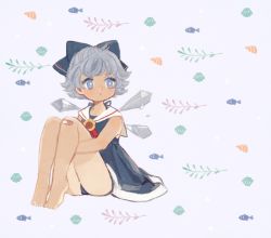 Rule 34 | 1girl, adapted costume, bad id, bad twitter id, bandaid, bandaid on knee, bandaid on leg, bare arms, bare legs, barefoot, blue background, blue bow, blue dress, blue eyes, blue hair, bow, cirno, closed mouth, commentary request, dress, expressionless, fish, flower, hair bow, hugging own legs, ice, ice wings, knees up, looking away, melting, sailor dress, seashell, shell, short hair, simple background, sitting, sleeveless, sleeveless dress, solo, sunflower, tan, tanline, tanned cirno, touhou, wings, yujup