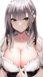Rule 34 | 1girl, absurdres, bare shoulders, breasts, cleavage, closed mouth, corset, flower, frilled shirt, frills, green eyes, hair flower, hair ornament, highres, hololive, large breasts, light blush, long hair, looking at viewer, mole, mole on breast, ruru (ruru nnnn), shirogane noel, shirt, short sleeves, silver hair, simple background, solo, upper body, virtual youtuber, white background, white flower, white shirt