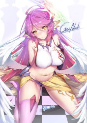 Rule 34 | 1girl, angel wings, artist name, bad id, bad pixiv id, breasts, chess piece, closed mouth, commentary request, spiked halo, crop top, feathered wings, gainoob, gradient hair, halo, highres, jibril (no game no life), king (chess), large breasts, long hair, looking at viewer, low wings, magic circle, midriff, multicolored hair, navel, no game no life, pink hair, shoes, sideboob, single shoe, single thighhigh, sitting, smile, solo, stomach, tattoo, thighhighs, very long hair, white wings, wing ears, wings, yellow eyes