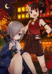 Rule 34 | &gt;:d, 2girls, :d, armpits, bare legs, bare shoulders, between legs, black hair, blue eyes, blue kimono, blunt bangs, blush, breasts, brown skirt, closed mouth, crescent moon, fang, grey hair, hair over one eye, highres, holding, holding sword, holding weapon, horns, japanese clothes, kai (ootamuno12), katana, kimono, lantern, looking at viewer, moon, multiple girls, night, obi, one eye covered, oni, open mouth, original, paper lantern, people, ponytail, red eyes, red shirt, sash, sheath, sheathed, shirt, short sword, single horn, sitting, skirt, sky, small breasts, smile, standing, sword, tantou, v-shaped eyebrows, weapon, window