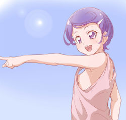 Rule 34 | 1girl, :d, bare arms, blue hair, breasts, dokidoki! precure, from side, grey tank top, index finger raised, kenzaki makoto, lens flare, nipples, ogry ching, open mouth, precure, purple eyes, short hair, shoulder blades, small breasts, smile, solo, swept bangs, tank top, upper body