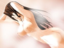 Rule 34 | 1girl, armpits, arms up, ass, breasts, brown eyes, brown hair, completely nude, dutch angle, fumio (ura fmo), game cg, hair between eyes, hands in hair, hasuda hiromi, large breasts, long hair, navel, nipples, nude, official art, profile, showering, solo, standing, straight hair, twisted torso, wet, wet hair, yukiuta