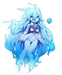 Rule 34 | 1girl, absurdly long hair, aqua hair, bare legs, black panties, blue eyes, breasts, cleft of venus, covered erect nipples, dungeon spirit (terraria), fiery hair, ghost, ghost girl, hair between eyes, highres, knees together feet apart, long hair, medium breasts, navel, no feet, nyong nyong, panties, personification, pussy, reference inset, simple background, terraria, thigh gap, torn clothes, underwear, very long hair, white background