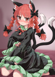 Rule 34 | 1girl, animal ear fluff, animal ears, black bow, black dress, black footwear, black tail, blush, bow, braid, breasts, cat ears, cat tail, chups, closed mouth, dress, extra ears, frilled dress, frilled shirt collar, frilled sleeves, frills, hair bow, highres, holding own arm, kaenbyou rin, large breasts, long sleeves, looking at viewer, medium hair, multiple tails, nail polish, red bow, red eyes, red hair, red nails, red neckwear, side braids, sitting, sleeves past wrists, solo, sweat, tail, touhou, twin braids, two tails, wariza
