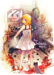 Rule 34 | 1girl, animal, apron, bare shoulders, black cat, blonde hair, blood, book, bookshelf, bow, braid, broken mirror, bug, cat, copyright name, cupboard, dress, english text, flower, frog, glowing, green eyes, hair over shoulder, knife, long hair, looking at viewer, majo no ie, mirror, namie-kun, noose, red flower, red rose, rope, rose, scissors, shoes, skull, solo, standing, stuffed animal, stuffed toy, teddy bear, text focus, twin braids, viola (majo no ie), white dress