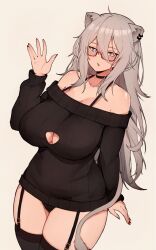 Rule 34 | 1girl, absurdres, ahoge, animal ears, bare shoulders, blush, breasts, cleavage, cleavage cutout, clothing cutout, collarbone, commentary, ear piercing, english commentary, female pubic hair, glasses, grey eyes, grey hair, hair between eyes, highres, hololive, large breasts, lion ears, lion girl, lion tail, long hair, long sleeves, looking at viewer, off-shoulder sweater, off shoulder, open mouth, paid reward available, piercing, pubic hair, pubic hair peek, red nails, shishiro botan, solo, sweater, tail, thighhighs, thighs, underwear, variant set, varniskarnis, virtual youtuber
