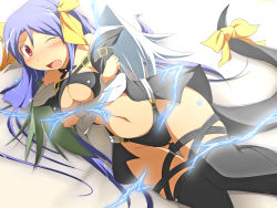Rule 34 | 1girl, arc system works, asymmetrical wings, black thighhighs, blue hair, blush, bow, breasts, cleavage, dizzy (guilty gear), electricity, guilty gear, hair ribbon, long hair, mirano, navel, one eye closed, open mouth, red eyes, ribbon, solo, tail, tail ornament, tail ribbon, thighhighs, underboob, wings, wink