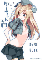 Rule 34 | 1girl, 2018, bike shorts, blonde hair, blush, breasts, cropped jacket, dated, dressing, flying sweatdrops, garrison cap, grey eyes, groin, hair between eyes, hat, kantai collection, long hair, navel, no bra, sketch, small breasts, solo, suka, twitter username, u-511 (kancolle), underboob, white background