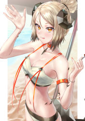 Rule 34 | 1girl, :p, absurdres, alternate hairstyle, arknights, arm strap, bare arms, bare shoulders, beach, beach umbrella, bikini, blush, breasts, choker, cleavage, collarbone, commentary, hair between eyes, hands up, highres, holding, horns, ifrit (arknights), ifrit (sunburn) (arknights), looking at viewer, material growth, monegi, nail polish, navel, official alternate costume, orange choker, orange eyes, orange nails, oripathy lesion (arknights), outside border, short hair, silver hair, small breasts, smile, solo, stomach, swimsuit, tongue, tongue out, umbrella, upper body, white bikini