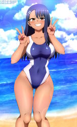 Rule 34 | 1girl, alternate breast size, beach, black hair, blue one-piece swimsuit, blue sky, breasts, brown eyes, cloud, collarbone, commentary, competition swimsuit, covered navel, dark-skinned female, dark skin, day, deviantart logo, deviantart username, double v, earclip, english commentary, feet out of frame, gluteal fold, grin, highres, horizon, iharuluna, ijiranaide nagatoro-san, large breasts, long hair, nagatoro hayase, ocean, one-piece swimsuit, outdoors, sky, smile, solo, standing, swimsuit, tan, twitter logo, twitter username, two-tone swimsuit, v