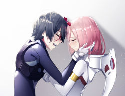Rule 34 | 10s, 1boy, 1girl, :d, armlet, black bodysuit, black hair, blood, blood on face, blush, bodysuit, broken horn, closed eyes, crying, darling in the franxx, facing another, forehead-to-forehead, from side, gradient background, grey background, hand on another&#039;s cheek, hand on another&#039;s face, happy tears, heads together, hiro (darling in the franxx), horns, light particles, long hair, open mouth, parted lips, pilot suit, pink hair, shiny clothes, smile, tears, the cold, upper body, white bodysuit, zero two (darling in the franxx)