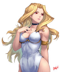 Rule 34 | 1girl, armlet, bare legs, big hair, black choker, blonde hair, breasts, character request, choker, cleavage, commission, copyright request, covered navel, dress, fingernails, forehead, highleg, highleg dress, highres, long hair, medium breasts, ozkh, pelvic curtain, red eyes, sleeveless, sleeveless dress, solo, white background, white dress