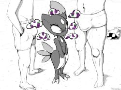 Rule 34 | 1girl, 2boys, animal ears, artist name, barefoot, blush, bulge, claws, constricted pupils, creatures (company), eggplant, embarrassed, flat chest, forehead jewel, full body, furry, game freak, gen 1 pokemon, gen 2 pokemon, greyscale, lower body, monochrome, multiple boys, navel, nervous, nintendo, nose blush, outdoors, own hands together, pokemon, pokemon (creature), sandals, shellder, shorts, shoutingisfun, signature, sneasel, solo focus, sparkle, spot color, standing, sweat, tail, thought bubble, tongue, tongue out, topless male, trembling, v arms
