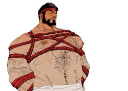 Rule 34 | 1boy, abs, absurdres, alternate body hair, arm hair, arms behind back, bamashengze, bara, bdsm, beard, black hair, bondage, bound, bound arms, chest hair, closed eyes, facial hair, forked eyebrows, hairy, headband, highres, huge pectorals, male focus, mature male, muscular, muscular male, mustache, navel, navel hair, nipples, red headband, red rope, rope, ryu (street fighter), short hair, solo, stomach, street fighter, street fighter 6, thick arms, thick eyebrows, topless male, upper body, white background
