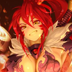 Rule 34 | 1girl, absurdres, arm up, armor, armpits, breasts, bustier, cleavage, clenched teeth, commentary, facial mark, facial tattoo, fire, fur collar, gauntlets, gem, grin, highres, holding, holding sword, holding weapon, large breasts, long hair, looking at viewer, oda nobunaga (sengoku otome), open mouth, ponytail, portrait, red gemstone, red hair, ryohhe, sengoku otome, shoulder armor, sidelocks, smile, solo, sword, tattoo, teeth, weapon, weapon on back, yellow eyes