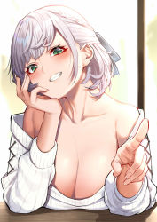 Rule 34 | 1girl, bare shoulders, breasts, cleavage, clenched teeth, collarbone, green eyes, highres, hololive, huge breasts, long sleeves, mikan (chipstar182), shirogane noel, shirogane noel (casual), short hair, silver hair, smile, solo, sweater, teeth, upper body, virtual youtuber, white sweater