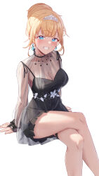 Rule 34 | 1girl, absurdres, bare legs, bead choker, black dress, blonde hair, blue eyes, blush, breasts, cleavage, commentary, crossed legs, dress, earrings, english commentary, feet out of frame, frilled dress, frills, grin, hair bun, hair ornament, highres, hololive, hololive english, jewelry, large breasts, legs, looking at viewer, mole, mole on breast, official alternate costume, official alternate hairstyle, see-through, see-through sleeves, shironekokfp, short dress, simple background, smile, solo, teeth, thigh strap, thighs, tiara, virtual youtuber, watson amelia, watson amelia (party dress), white background