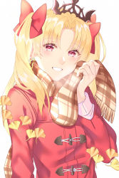 Rule 34 | 1girl, akapug621, bad id, bad pixiv id, blonde hair, bow, brown scarf, coat, diadem, duffel coat, earrings, ereshkigal (fate), fate/grand order, fate (series), grin, hair bow, jewelry, long hair, long sleeves, looking at viewer, red bow, red coat, red eyes, scarf, simple background, smile, solo, twintails, upper body, white background