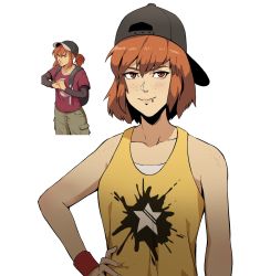 Rule 34 | 1girl, backwards hat, body freckles, breasts, collarbone, ember (francisco mon), francisco mon, freckles, hand on own hip, hat, highres, lip piercing, medium breasts, medium hair, orange hair, original, piercing, red eyes, smile, solo, tank top, upper body, wristband, yellow tank top