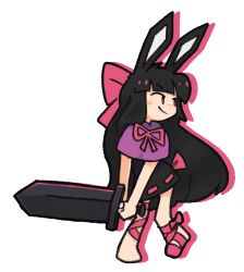 Rule 34 | 1girl, animal ears, barefoot, black dress, black hair, blunt bangs, bow, brown eyes, capelet, chibi, closed mouth, colored shadow, commentary, dress, drop shadow, english commentary, foot wraps, full body, greatsword, heavyblade rabbit, holding, holding sword, holding weapon, long hair, looking afar, medium bangs, pink bow, pink ribbon, purple capelet, rabbit and steel, rabbit ears, rabbit girl, ribbon, shadow, simple background, slascoplerd, smile, solo, sword, very long hair, weapon, white background