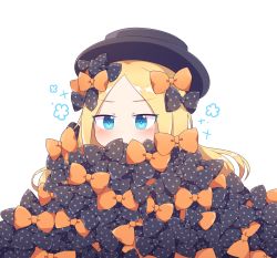 Rule 34 | 1girl, abigail williams (fate), black bow, black hat, blonde hair, blue eyes, blush, bow, fate/grand order, fate (series), forehead, hair bow, hat, highres, kaoling, long hair, multiple hair bows, orange bow, parted bangs, polka dot, polka dot bow, simple background, solo, white background