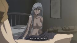 Rule 34 | 1girl, animated, anime screenshot, bandaged arm, bandages, bed, bouncing breasts, breasts, code geass, collarbone, dark-skinned female, dark skin, embarrassed, highres, large breasts, long hair, navel, nipples, no bra, nude, on bed, silver hair, sound, stomach, subtitled, topless, video, villetta nu, villetta nu (amnesia), yellow eyes