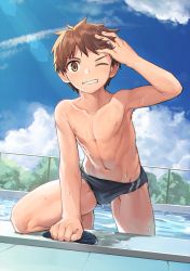 Rule 34 | 1boy, arm support, arm up, bare pectorals, black male swimwear, blue sky, brown eyes, brown hair, bulge, chain-link fence, climbing, cloud, collarbone, day, dripping, dutch angle, fence, grin, hand on own head, highres, knee up, lens flare, looking at viewer, male focus, male swimwear, navel, nayoshi (r-744), nipples, one eye closed, original, outdoors, pectorals, pool, poolside, sky, smile, solo, spiked hair, striped, sunlight, swim briefs, swim cap, unworn swim cap, tile floor, tiles, vertical stripes, water, wet