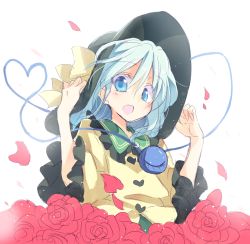 Rule 34 | 1girl, bow, colorized, eyeball, flower, green eyes, green hair, hat, hat bow, heart, heart of string, komeiji koishi, long sleeves, looking at viewer, looking down, matching hair/eyes, open mouth, petals, rose, satou kibi, shirt, short hair, simple background, sketch, solo, string, third eye, touhou, white background, wide sleeves