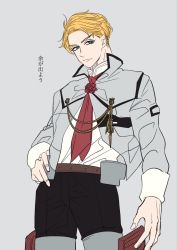 Rule 34 | 1boy, anno88888, bad id, bad twitter id, belt, black shorts, blonde hair, blue eyes, flower, genderswap, genderswap (ftm), grey background, hand on own hip, highres, kantai collection, long sleeves, male focus, military, military uniform, necktie, nelson (kancolle), red flower, red necktie, red rose, rose, short hair, shorts, simple background, solo, translation request, uniform