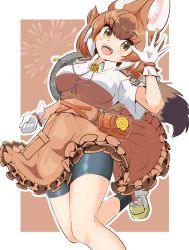 Rule 34 | 1girl, absurdres, animal ears, bike shorts, breasts, brown hair, commentary, dhole (kemono friends), dog ears, dog girl, dog tail, extra ears, gloves, highres, japari symbol, kemono friends, kemono friends 3, large breasts, looking at viewer, official alternate costume, shoes, solo, tail, wonderful waon, yellow eyes