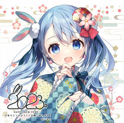 Rule 34 | 1girl, 2023, :d, animal ears, blue eyes, blue hair, blue kimono, blush, checkered clothes, earrings, egasumi, flower, frills, hair between eyes, hair ornament, hands up, happy new year, japanese clothes, jewelry, kikumon, kimono, long hair, long sleeves, looking at viewer, milestone celebration, new year, open mouth, original, pink flower, print kimono, rabbit ears, sakuramon, sleeves past wrists, smile, solo, suimya, twintails, upper body, white background, wide sleeves
