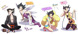 Rule 34 | 1boy, arm support, bare arms, black hair, boots, bracelet, closed eyes, collarbone, commentary request, cosplay, creatures (company), crossdressing, elesa (pokemon), elesa (pokemon) (cosplay), flats, game freak, grimsley (pokemon), hair between eyes, headphones, highres, holding, indian style, jewelry, kneeling, looking at viewer, male focus, momoji (lobolobo2010), multiple views, navel, nintendo, one eye closed, open mouth, pantyhose, pokemon, pokemon bw, pokemon sm, purple footwear, sandals, sash, shoes, sitting, smile, speech bubble, sweat, toes, tongue, translation request, tucker (pokemon), tucker (pokemon) (cosplay), yellow footwear