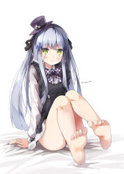 Rule 34 | 1girl, absurdres, ass, bare legs, barefoot, bed sheet, black dress, black ribbon, blue hair, blush, bow, bowtie, checkered bow, checkered bowtie, checkered clothes, closed mouth, commentary, dress, english commentary, facial mark, feet, girls&#039; frontline, green eyes, hair ornament, hair ribbon, hat, highres, hk416 (black kitty&#039;s gift) (girls&#039; frontline), hk416 (girls&#039; frontline), legs, long hair, long sleeves, mini hat, photoshop (medium), purple hat, ribbon, shirt, sidelocks, sitting, sleeveless, sleeveless dress, smile, sob (submar1089), soles, solo, tilted headwear, twintails, twitter username, very long hair, white shirt