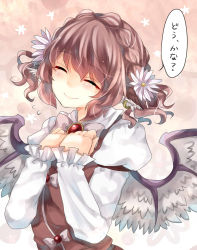 Rule 34 | 1girl, alternate hairstyle, braid, closed eyes, feathered wings, flower, flower on head, highres, long sleeves, mimoto (aszxdfcv), mystia lorelei, own hands together, pink hair, puffy long sleeves, puffy sleeves, short twintails, smile, solo, touhou, twintails, wings